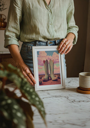 Marfa Boots cowboy boot print by Betsy Crum — neutral frame room mockup