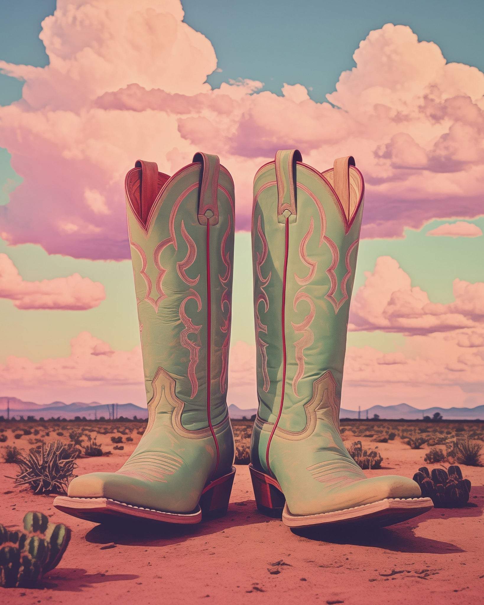 Marfa Texas Boots Art Print by Betsy Crum showing vintage turquoise cowboy boots on desert landscape with pink clouds