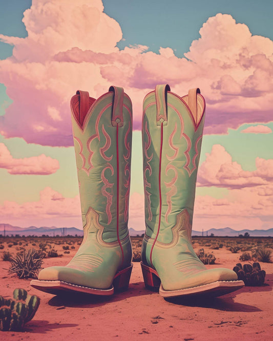 Marfa Texas Boots Art Print by Betsy Crum showing vintage turquoise cowboy boots on desert landscape with pink clouds