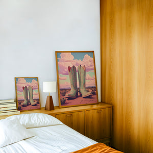 Marfa Boots cowboy boot print by Betsy Crum — framed in a wood-accent room