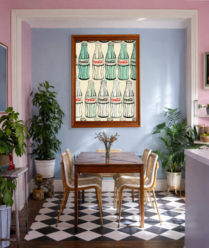 Coca-Cola Refresco Mexican Coke art print by Betsy Crum styled in pink and blue room