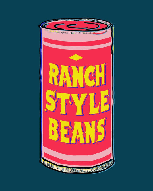 Ranch Beans Texas Art Print by Betsy Crum featuring a colorful, modern can design on dark background