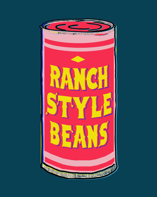 Ranch Beans Texas art print featuring a colorful canned beans design on blue background