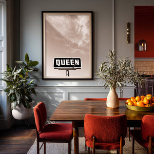 Queen with a Big Sky sepia Texas roadside sign print shown framed in a dining room — Betsy Crum