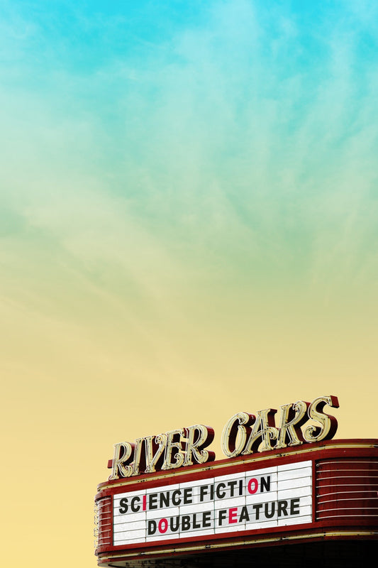 River Oaks theater marquee with science fiction double feature sign under blue sky, Rocky Horror Poster style wall art print by Betsy Crum