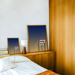 Randy's Bingo San Antonio art print by Betsy Crum — framed in a wood-accent room