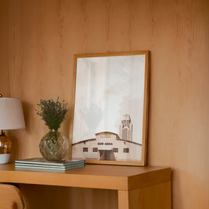 Show Arena Fort Worth art print by Betsy Crum — framed in a wood-accent room