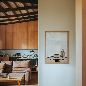 Show Arena Fort Worth art print by Betsy Crum — framed in a wood-accent room