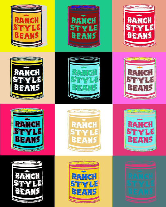 Texas Made In Art Print by Betsy Crum featuring colorful Ranch Style Beans cans in pop art style on cotton rag paper