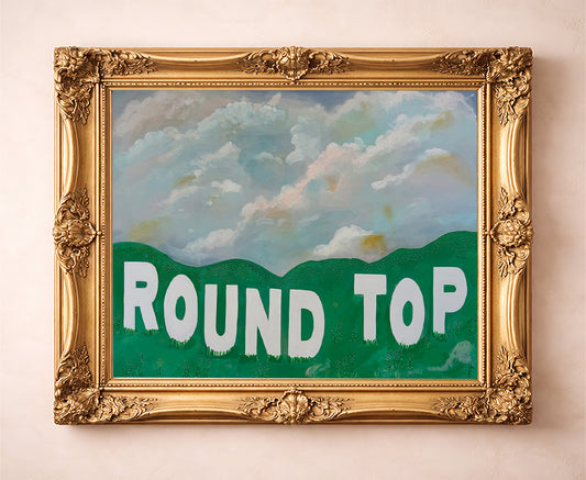 Round Top Hollywood Sign Texas art print by Betsy Crum — in a gold frame