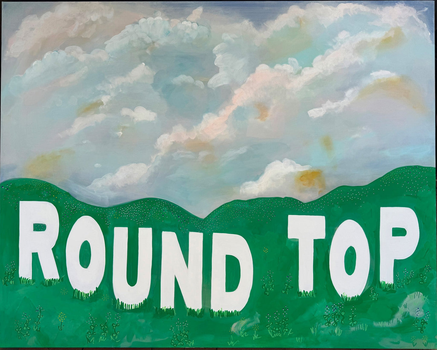 Texas Round Top giclée art print with green hills and white lettering under a cloudy sky