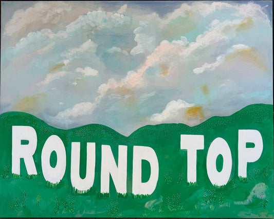 Texas Round Top giclée art print with green hills and white lettering under a cloudy sky