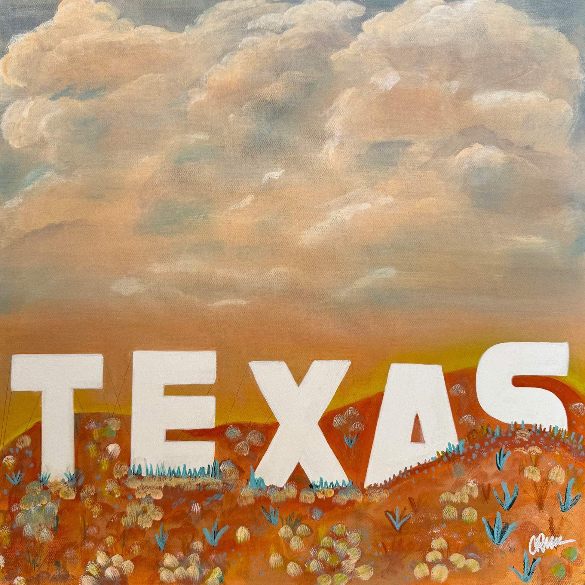 Texas Hollywood Sign art print by Betsy Crum with large white letters on a colorful hill under a cloudy sky