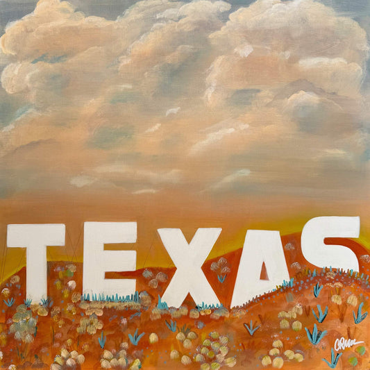 Texas Hollywood Sign art print by Betsy Crum with large white letters on a colorful hill under a cloudy sky