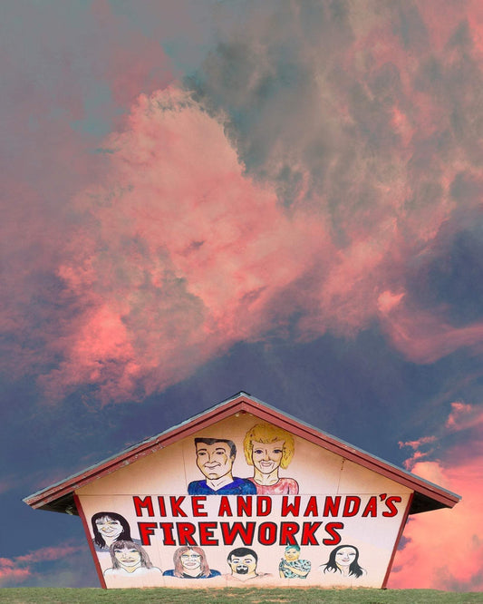 Texas Sky Big Art Print featuring vibrant sunset clouds above Mike and Wanda's Fireworks stand illustration