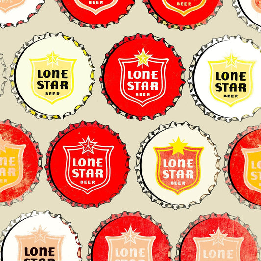 Texas Beer Lone Art Print featuring vintage Lone Star beer bottle caps pattern on cotton rag paper by Betsy Crum