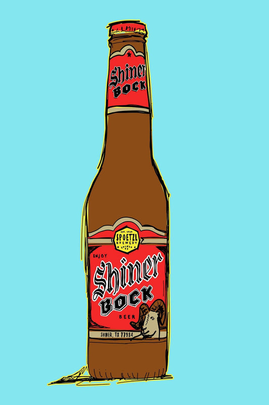 Texas Beer Shiner giclée art print by CRUM ART featuring Shiner Bock beer bottle illustration on blue background