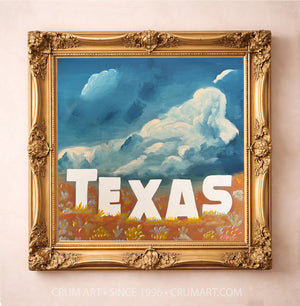 Hollywood Big Sky Print art print in a gold frame by Betsy Crum — square texas art from Crum Art, available at crumart.com. This museum quality print is made right here in Texas.