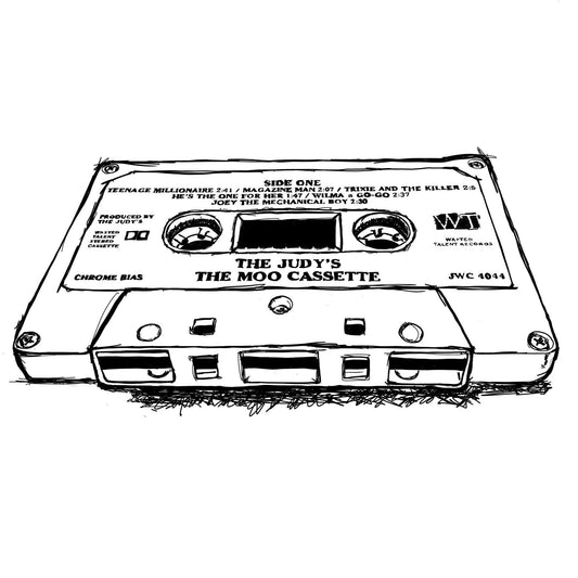 Black and white sketch of a vintage audio cassette tape titled "The Judy's The Moo Cassette" by Betsy Crum, Texas Music Judys Art Print