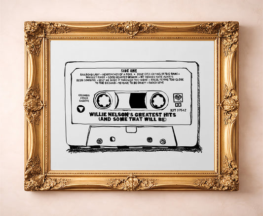Willie Nelson Cassette B&W music wall art print by Betsy Crum — in a gold frame