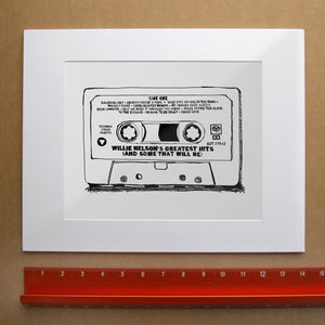 Willie Nelson Cassette B&W music wall art print by Betsy Crum — with white mat