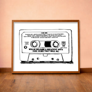 Willie Nelson Cassette B&W music wall art print by Betsy Crum — horizontal room scene