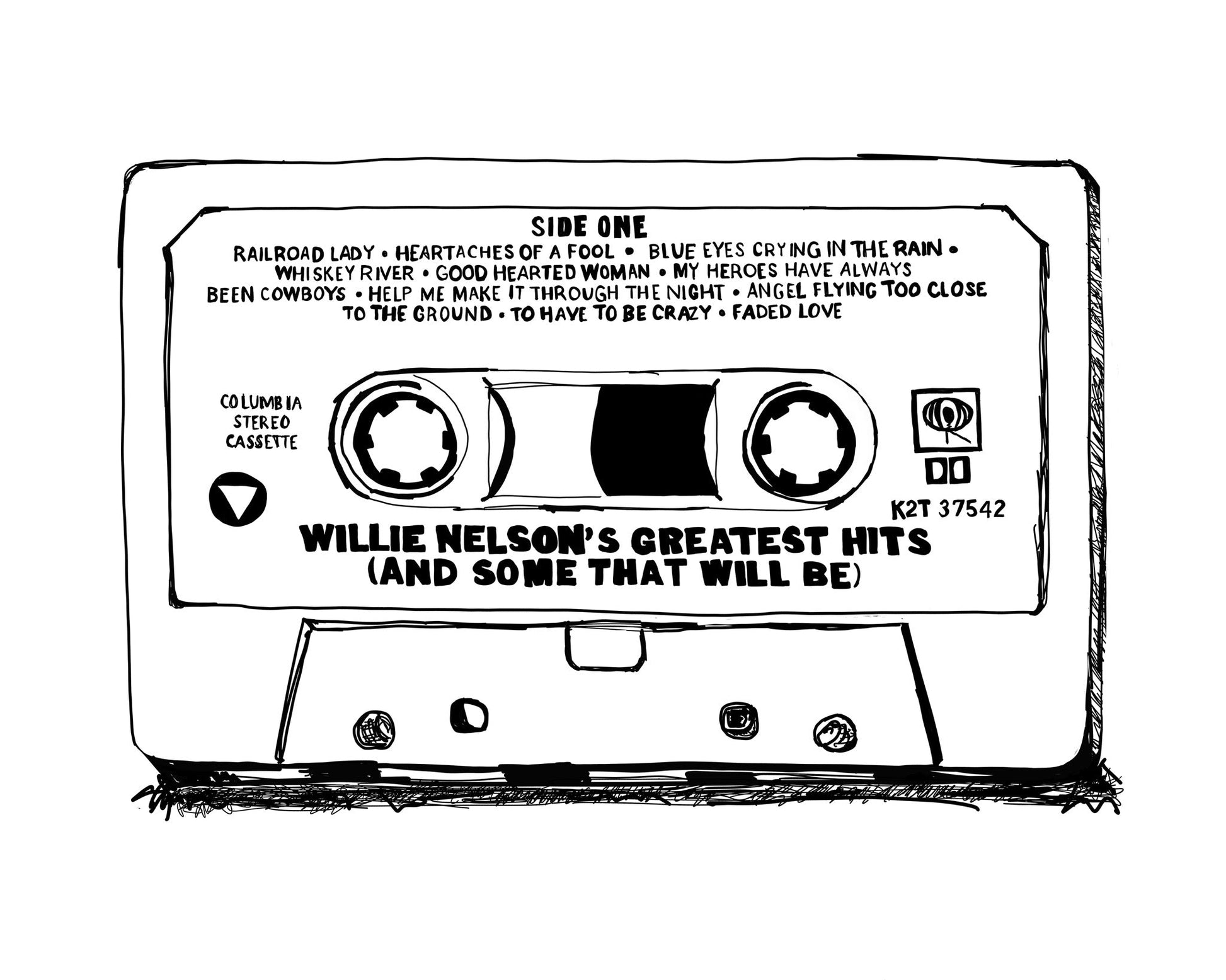 Black and white line art drawing of a Willie Nelson cassette tape by Betsy Crum
