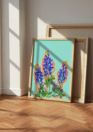 Blue Hill Country bluebonnet art print by Betsy Crum — neutral frame room mockup