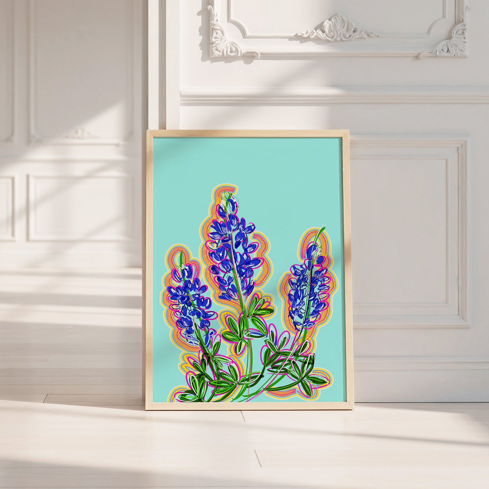 Blue Hill Country bluebonnet art print by Betsy Crum — neutral frame room mockup