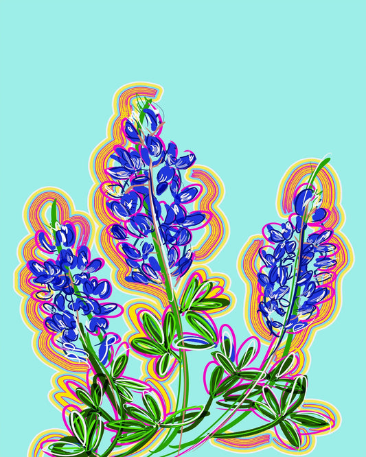 Texas Pop Blue art print featuring vibrant bluebonnet flowers with colorful outline on turquoise background by CRUM ART