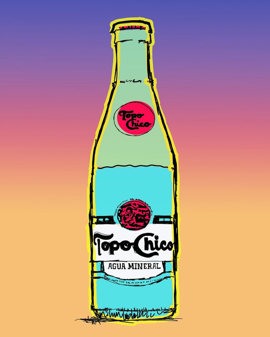 Topo Chico Texas Art Print colorful bottle illustration on gradient background by Betsy Crum