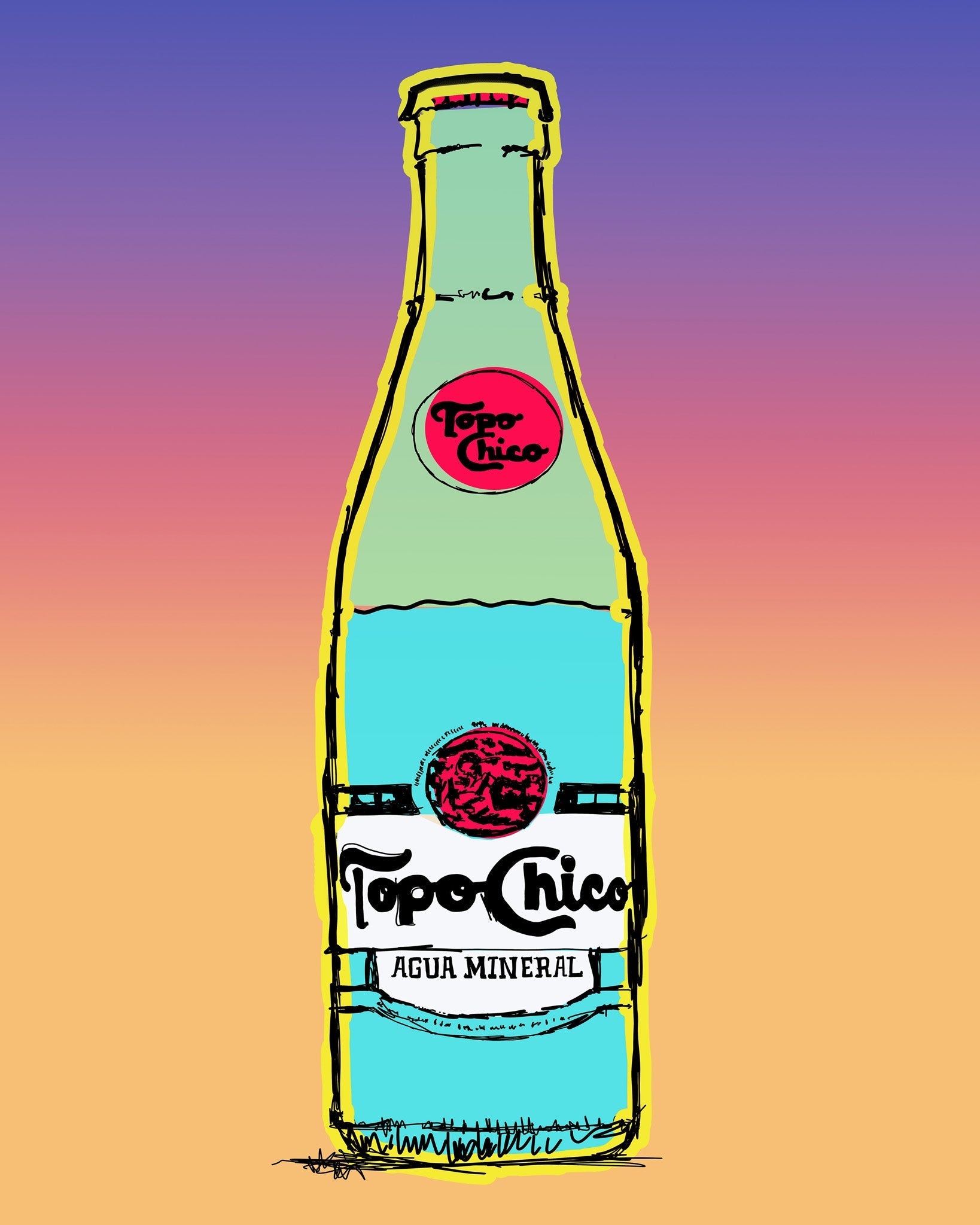 Topo Chico Texas art print by Betsy Crum with vibrant bottle illustration on gradient background