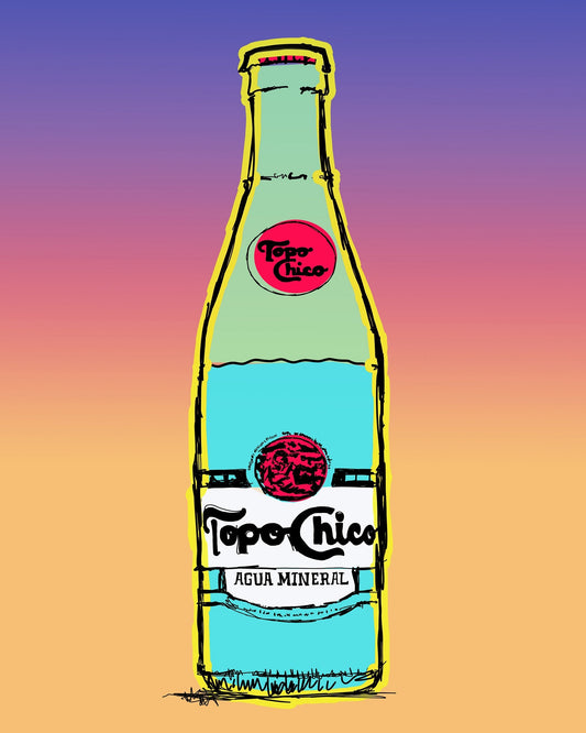Topo Chico Texas art print by Betsy Crum with vibrant bottle illustration on gradient background