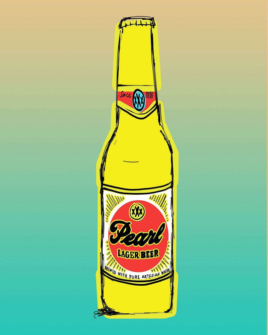 Texas Beer Pearl Art Print by Betsy Crum featuring bright yellow beer bottle illustration on gradient background