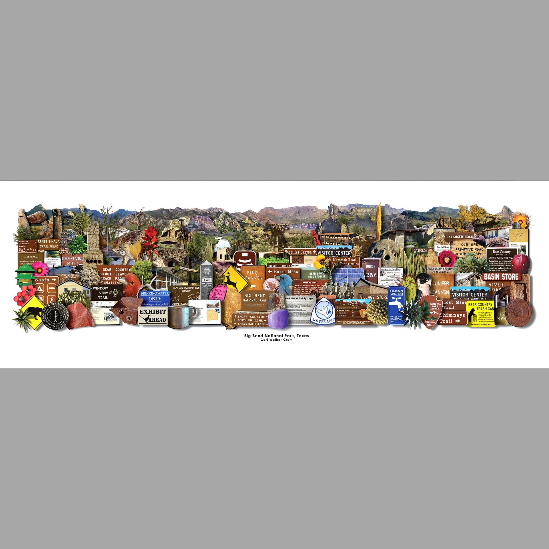 Collage of various signs and items from Big Bend National Park, Texas.