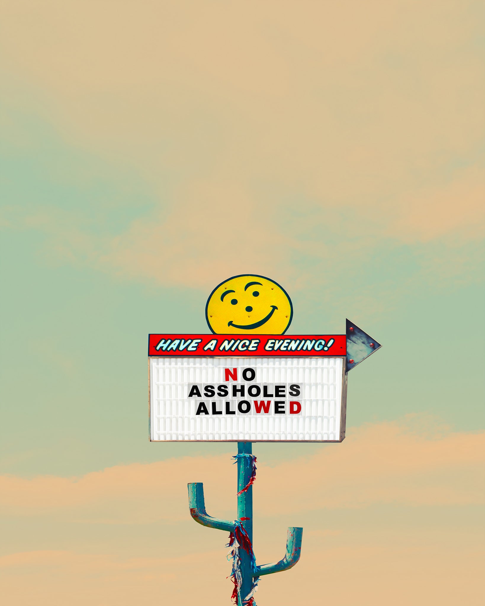 Texas office wall art print of a vintage sign reading 'No Assholes Allowed — Have a Nice Evening' under a bright western sky by Betsy Crum.