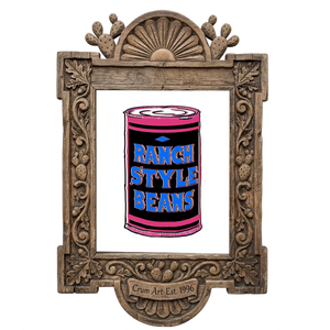 Ranch Style Beans can, pink and black — art print in a carved wood frame, Crum Art