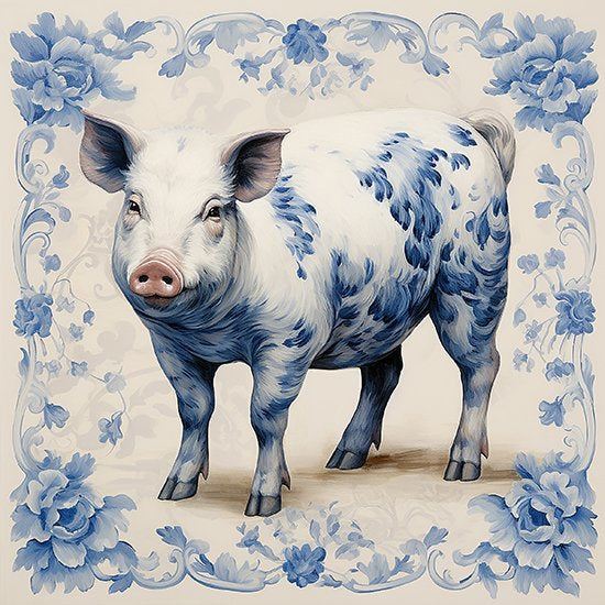 Blue and white chinoiserie hog art print with floral border by Betsy Crum