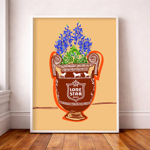 Bluebonnet amphora art print by Betsy Crum in a neutral room, Texas wall decor