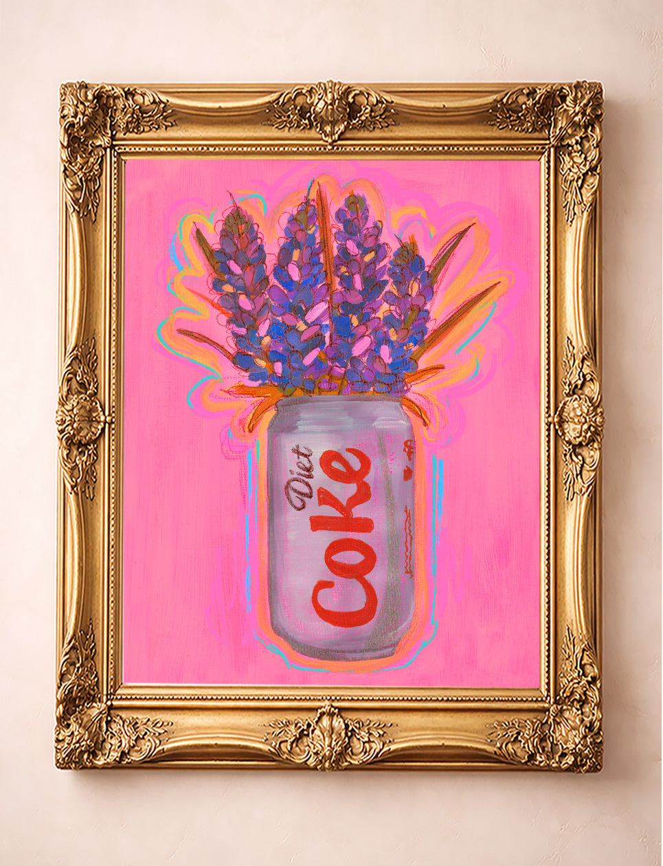 Bluebonnets in a Diet Coke can art print by Caya Crum in an ornate gold frame, pink kitchen pop art, hand-signed