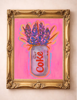 Bluebonnets in a Diet Coke can art print by Caya Crum in an ornate gold frame, pink kitchen pop art, hand-signed