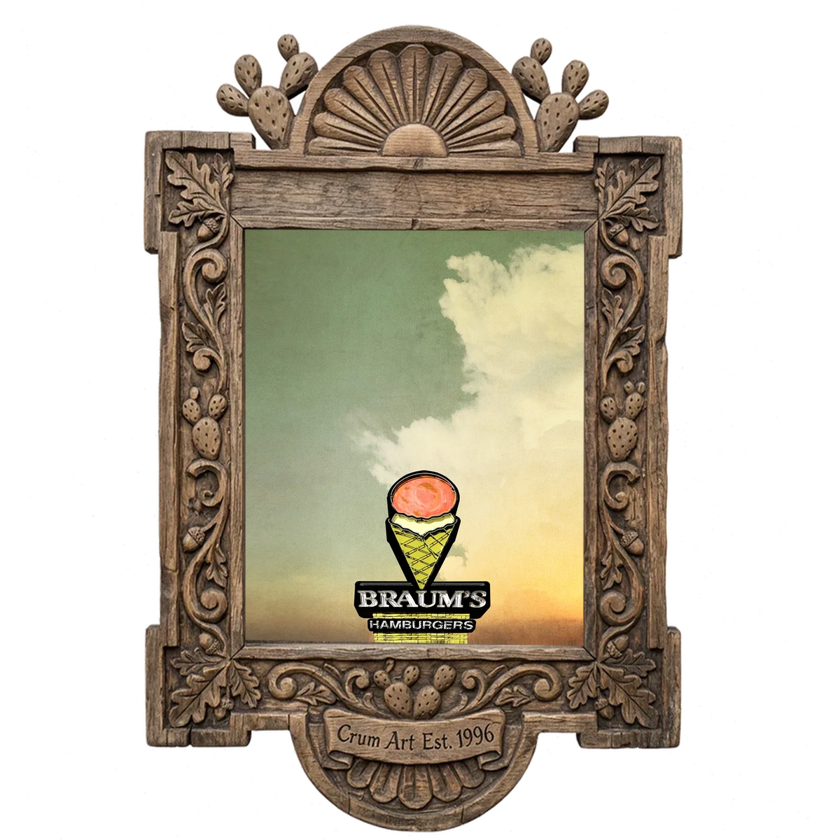 Braum's Sign Big Sky — Americana art print by Betsy Crum in a carved wood frame