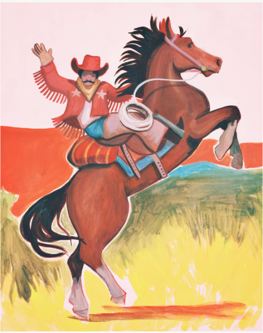 Bronco Buster original painting by Caya Crum — cowboy waving on a rearing bay horse, 14 x 18 inches