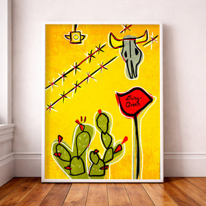 Cactus Art Print – Cosmic Prickly Pear and  Dairy Queen Cow Skull Western Wall Art | Betsy Crum