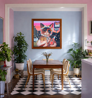 Calico Cat Art print by caya crum.  This calico cat painting is part of a larger series of adorable cats by caya crum.  made in Texas, made to order and made with love.  Whimsical cat art ready to frame up to 24x24".