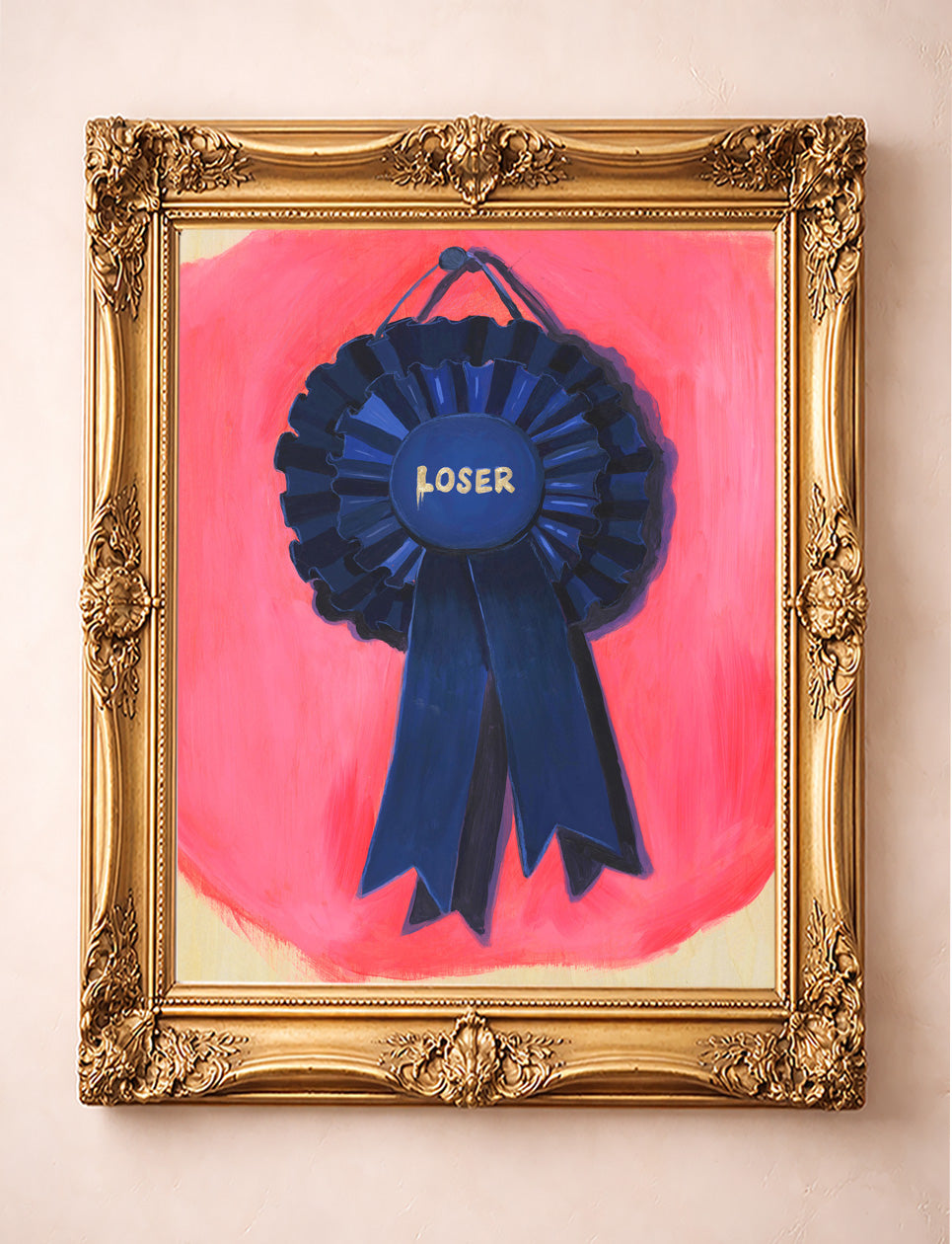 Loser blue ribbon art print by Caya Crum shown in gold frame — funny award ribbon painting