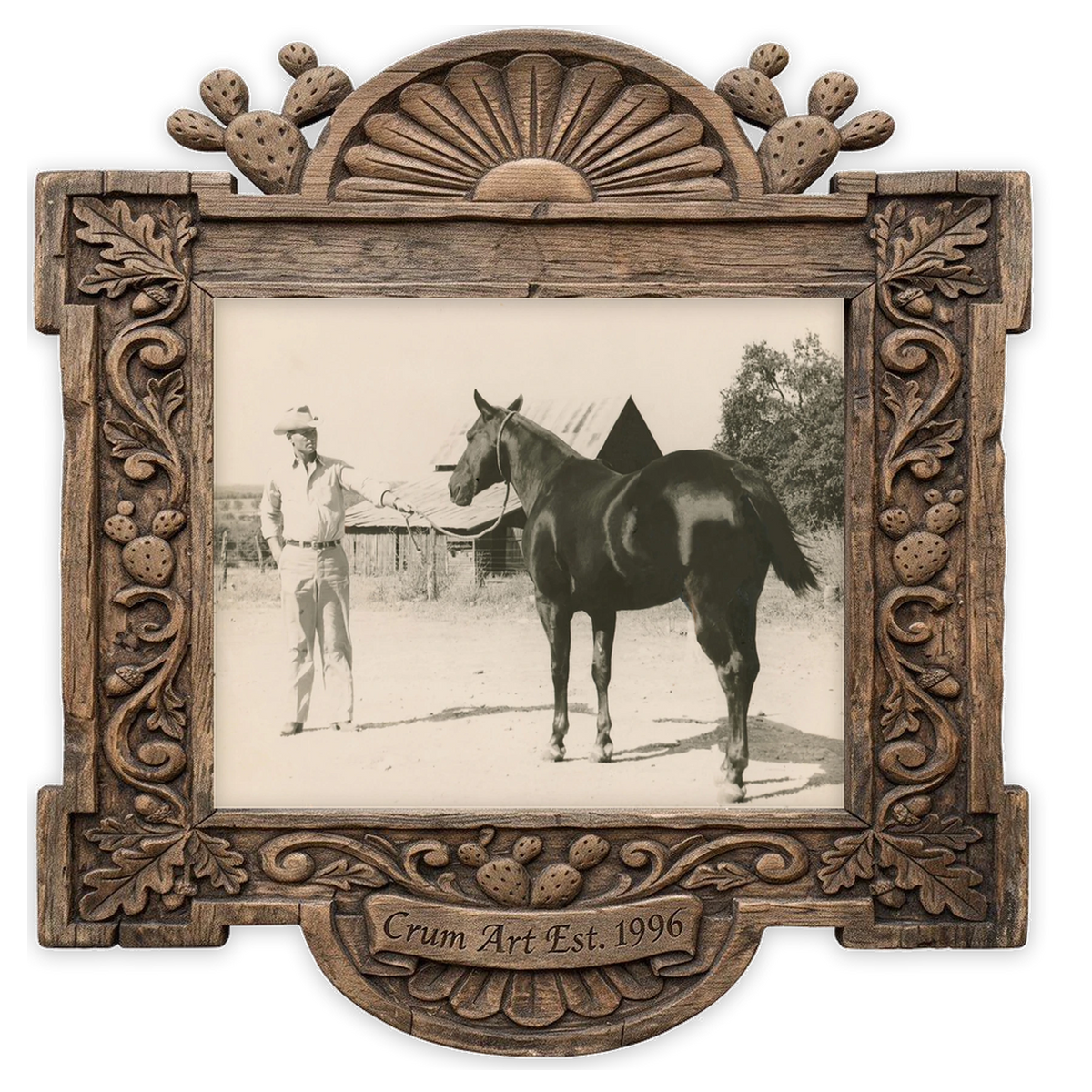 JY Crum Rancher — western art print by Carl Crum in a horizontal carved wood frame