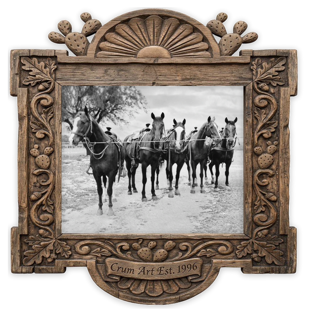 Tin Top Quarter Horses — horse art print by Carl Crum in a horizontal carved wood frame