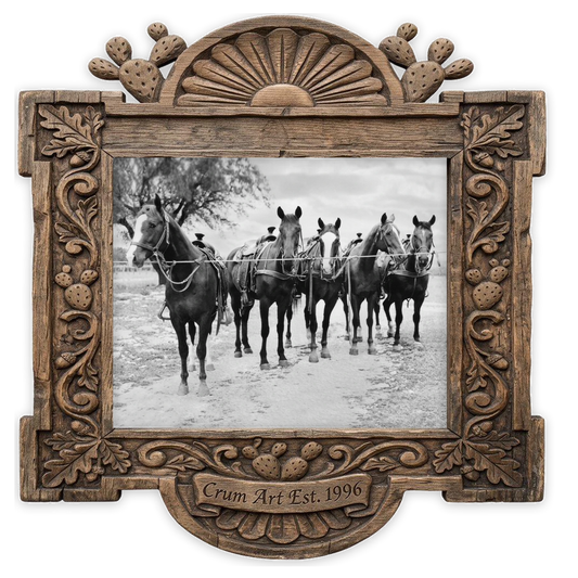 Tin Top Quarter Horses — horse art print by Carl Crum in a horizontal carved wood frame