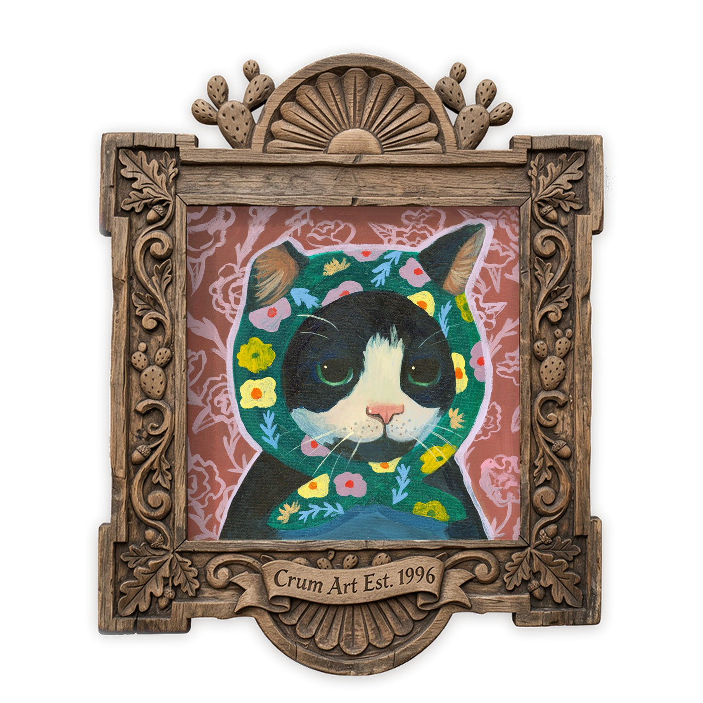 Cat Art | Tuxedo Cat in a Floral Scarf | Caya Crum — art print in a carved wood frame, Crum Art
